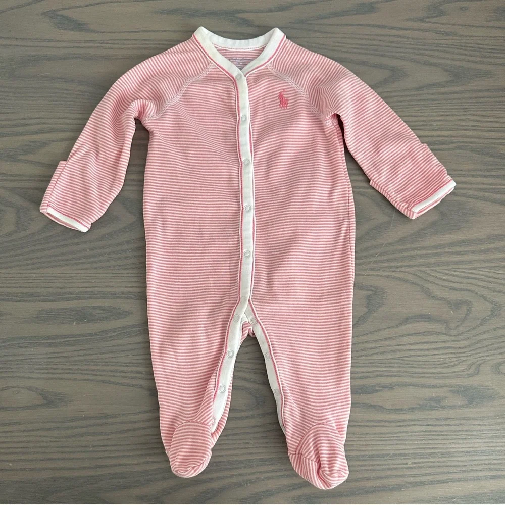 RALPH LAUREN BABY GIRL STRIPED COTTON FOOTED COVERALL